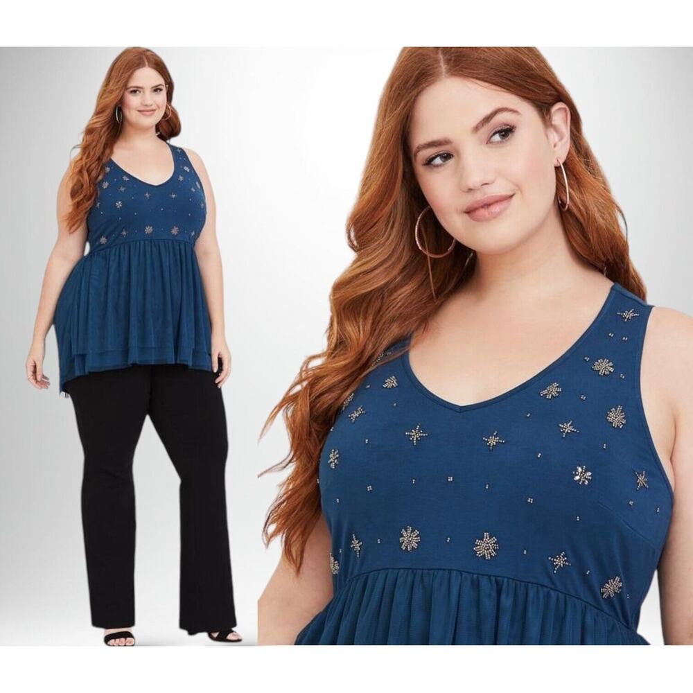 TORRID Teal Green Embellished Babydoll Top Coquette Double Mesh Beaded 2X